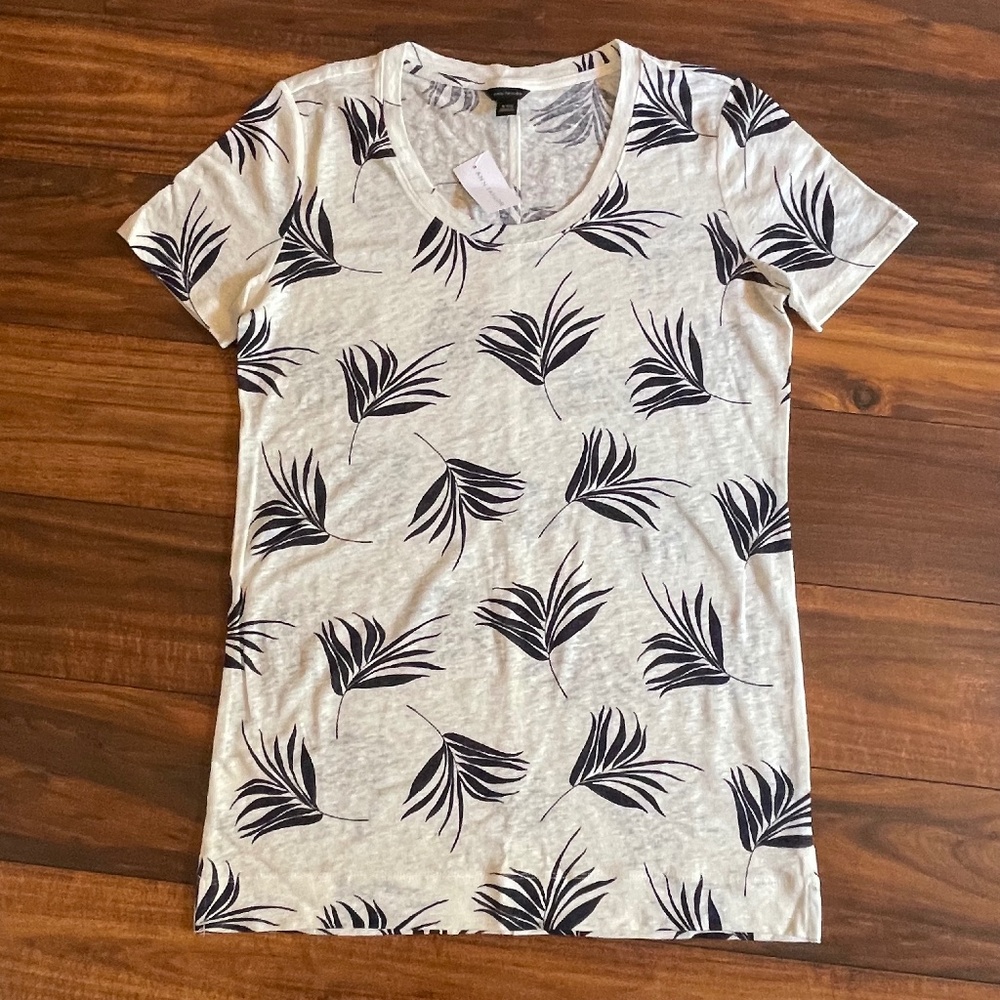 Ann Taylor 100% Linen Navy White Tropical Palm Print Top xxc